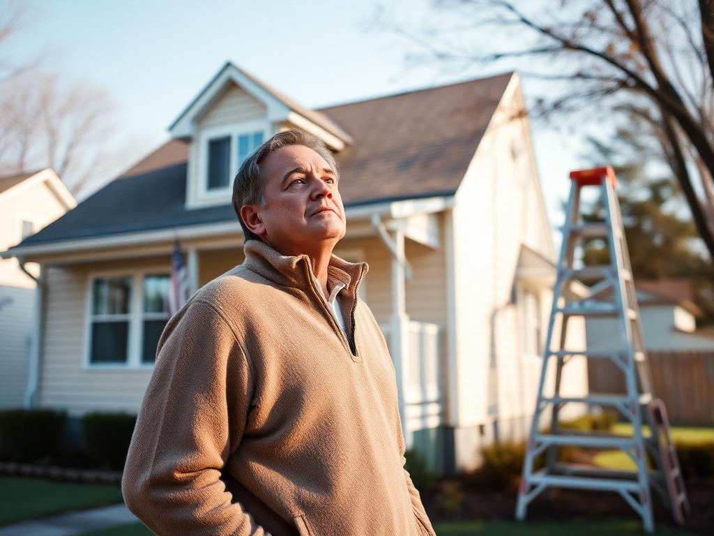 A homeowner standing in a driveway looking up at their roofline.