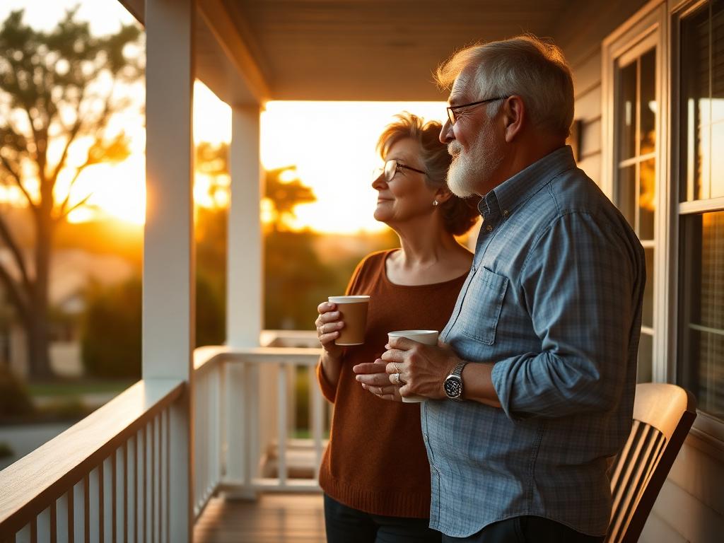 An older couple on a porch in soft afternoon light.